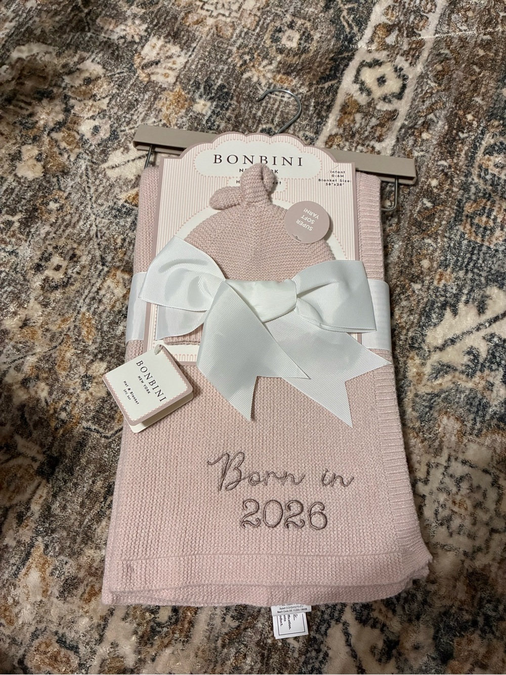 Pink Knit Baby Blanket and Hat